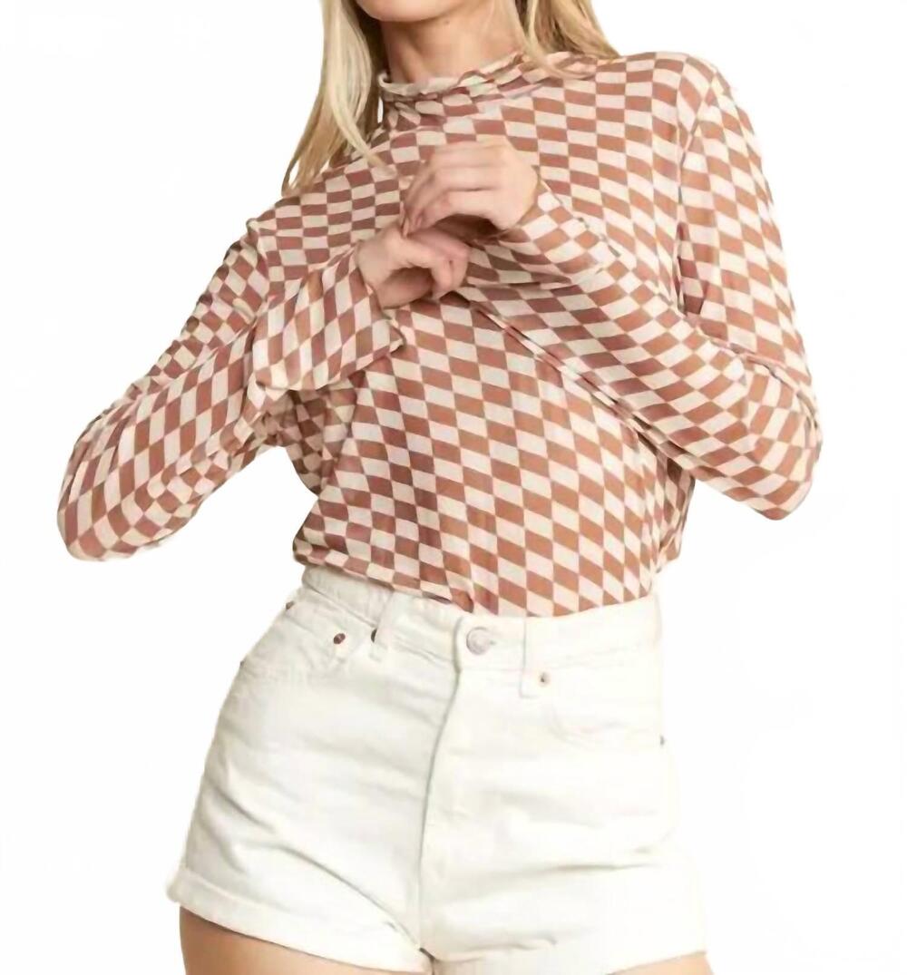 NEW JADE BY JANE checkered mesh mock neck top in beige